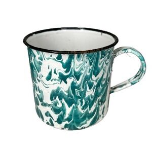 Vintage Graniteware Cup Green & White Swirl Black Rim‎ Mug Teacup Coffee